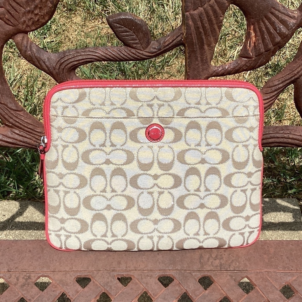 Coach Signature Canvas Leather Detail Zip Top iPad Case